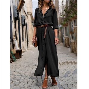 Black Shawl Collar Shift Boho Midi Tunic Dress
